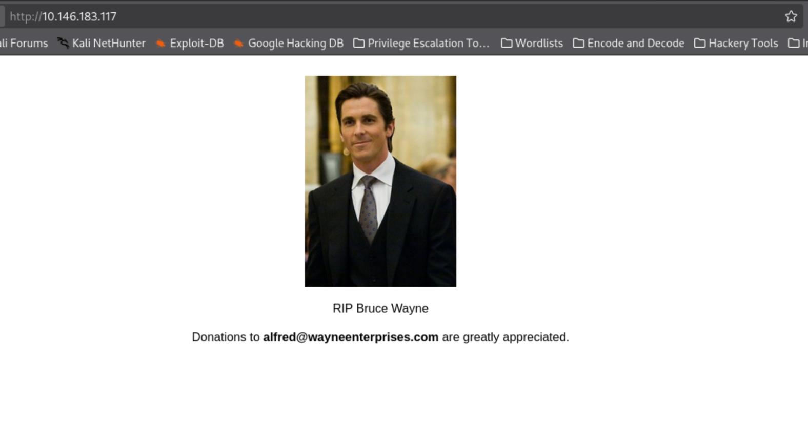 port 80 webpage about Bruce Wayne with alfred@wayneenterprises.com visible
